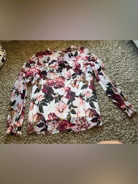 Floral Long-Sleeve Blouse in White and Burgundy